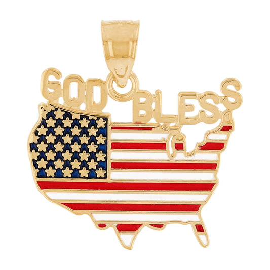 Gold Enameled God Bless USA Unisex Flag Pendant (AF# P13689)