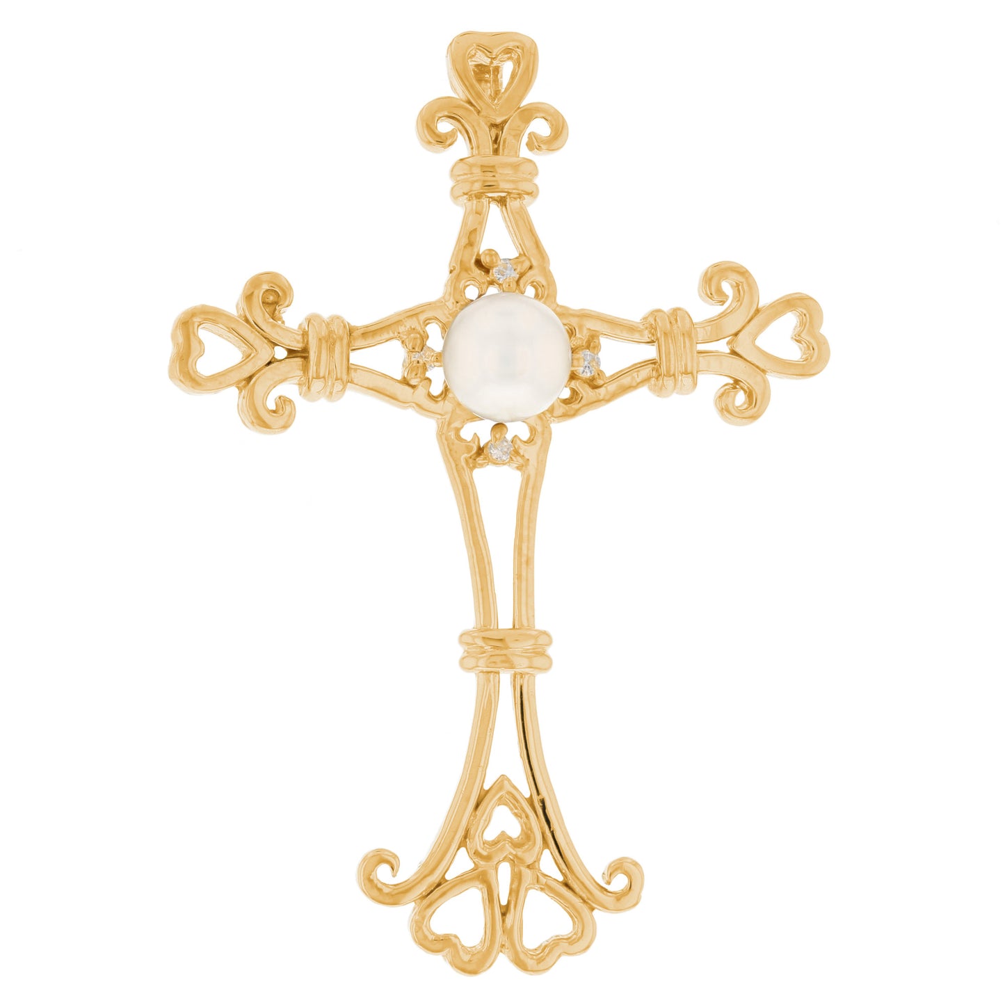 Gold Heart Tip Cross White Pearl Womens Religious Slide Pendant (AF# P12979)