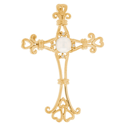 Gold Heart Tip Cross White Pearl Womens Religious Slide Pendant (AF# P12979)