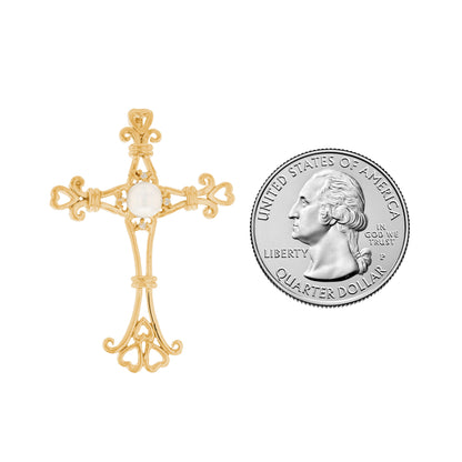 Gold Heart Tip Cross White Pearl Womens Religious Slide Pendant (AF# P12979)